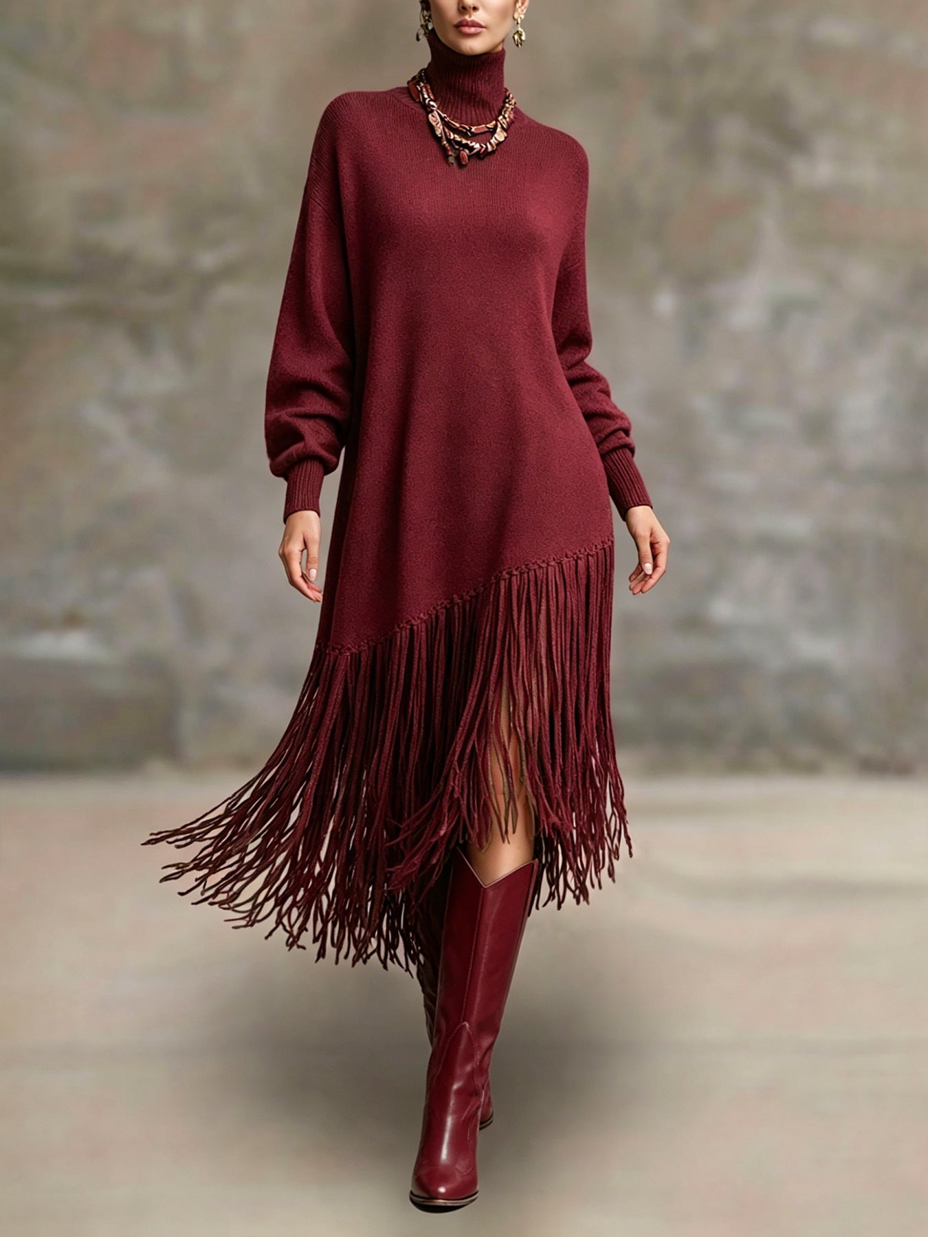 Women's Bohemian Long Fringe Design Solid Color Mature Dress