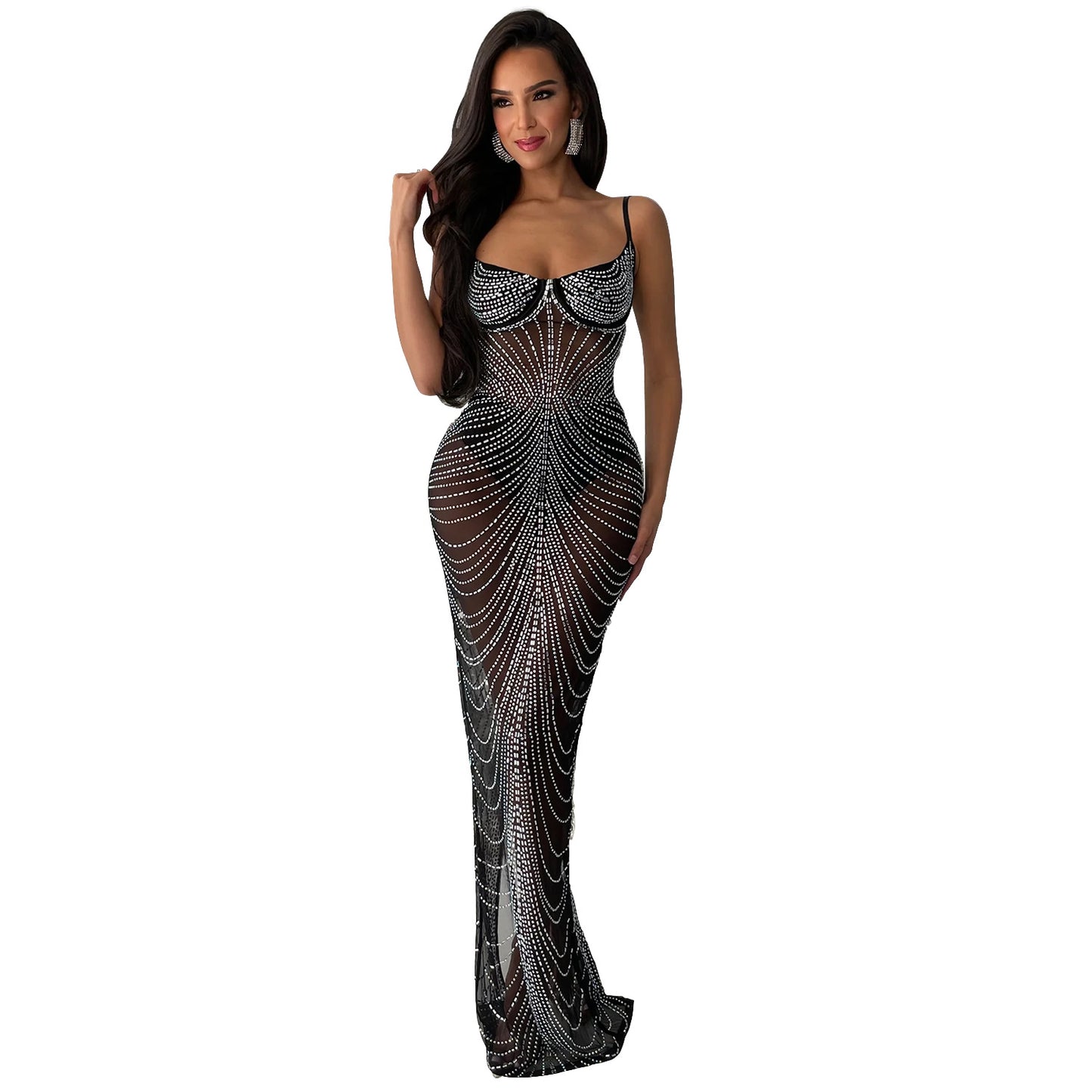 Women's Wear Pure Color Mesh Hot Drilling Sling Dresses