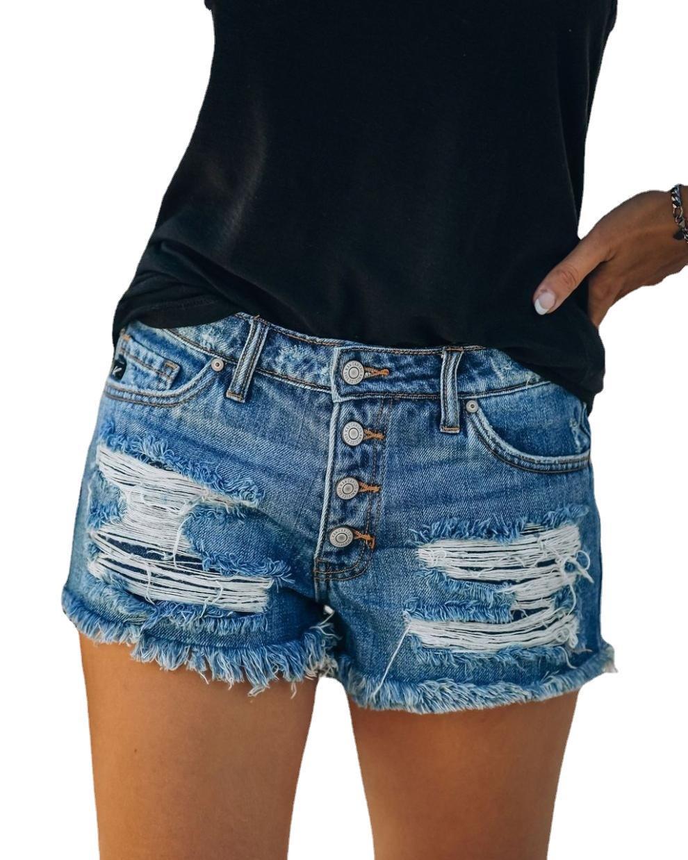 Women's Trendy Summer Ripped Tassel Breasted Denim Shorts