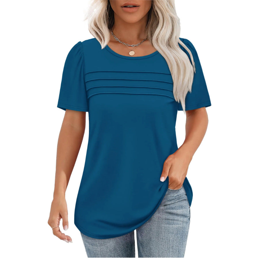 Women's Summer Round Neck Sleeve Chest Tuck Line Blouses