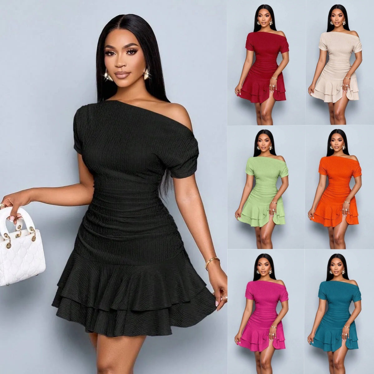 Women's Summer Solid Color Oblique Shoulder Ruffled Dress