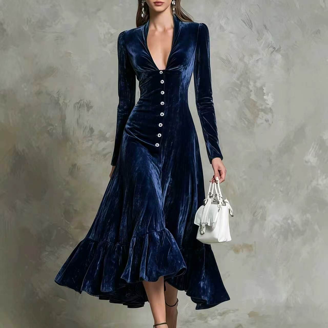 Solid Color Buttons Lapel Long Sleeve Waist Dress
