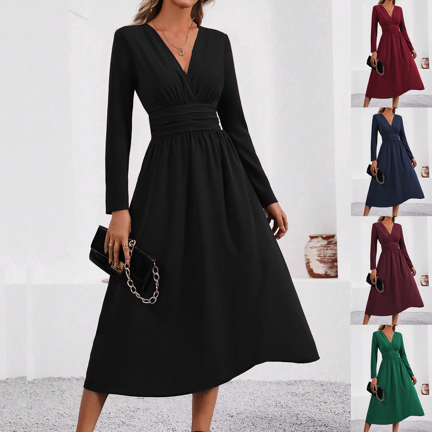 Women's Color Overlapping Long Sleeve Waist Pleated Dress
