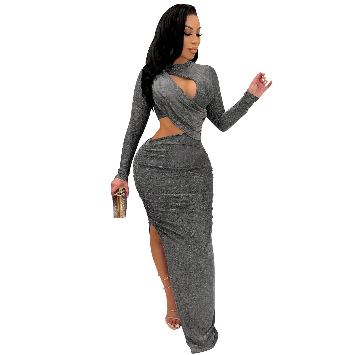 Solid Color Round Neck Long Sleeve Hollow Dresses