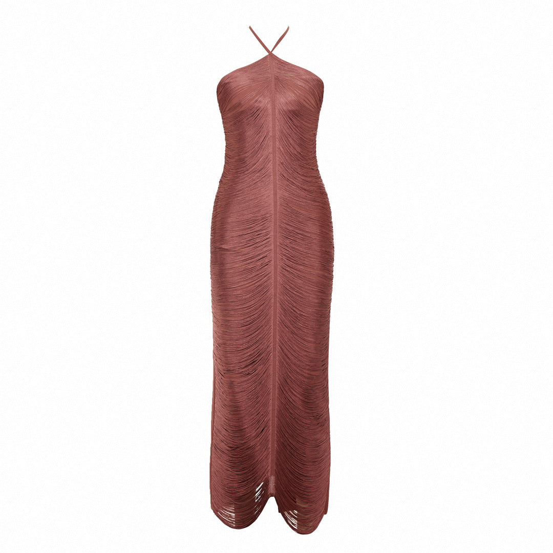 Women's Sleeveless Halter Tassel Long Summer Banquet Dress