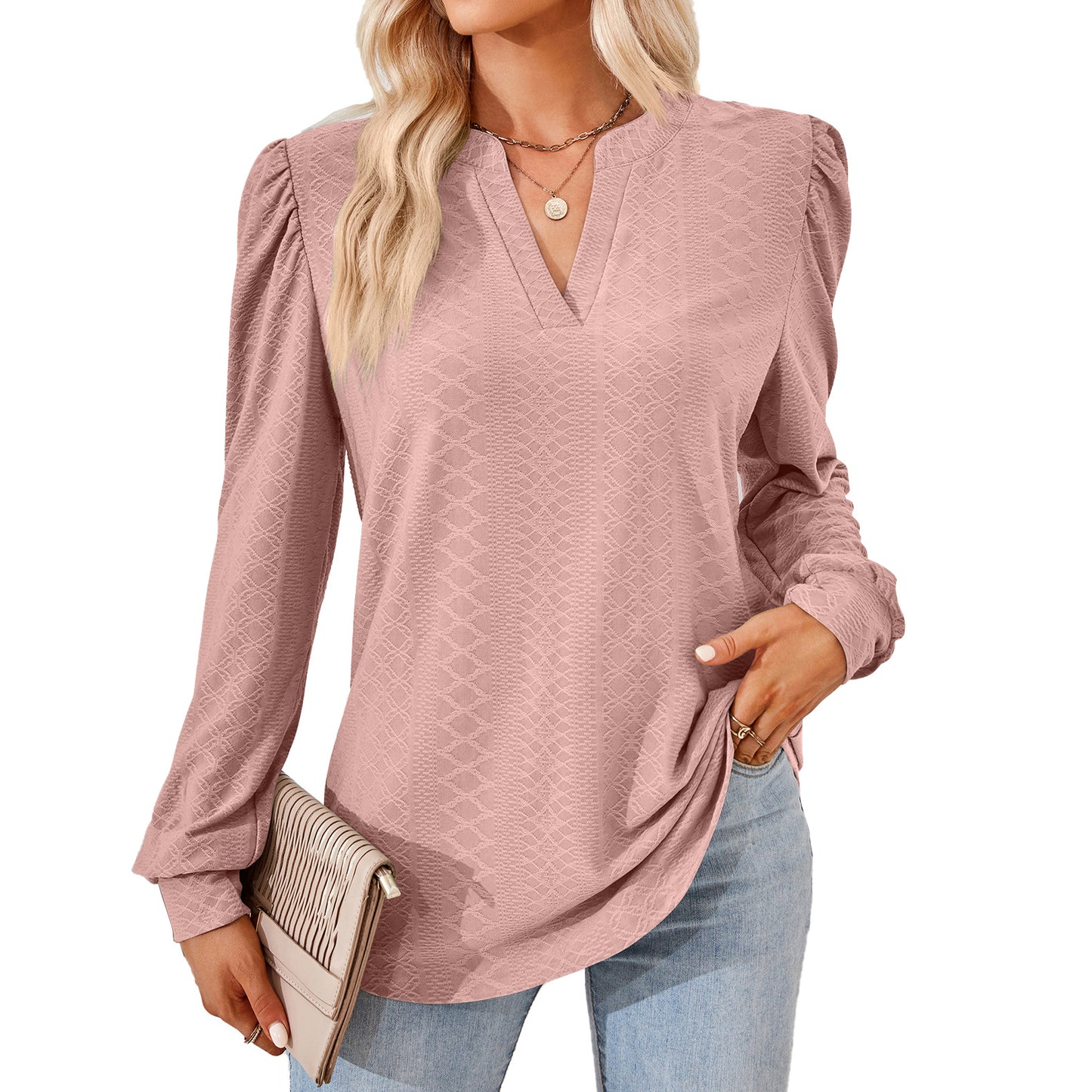 Women's Solid Color Jacquard Long Sleeve Loose-fitting Blouses