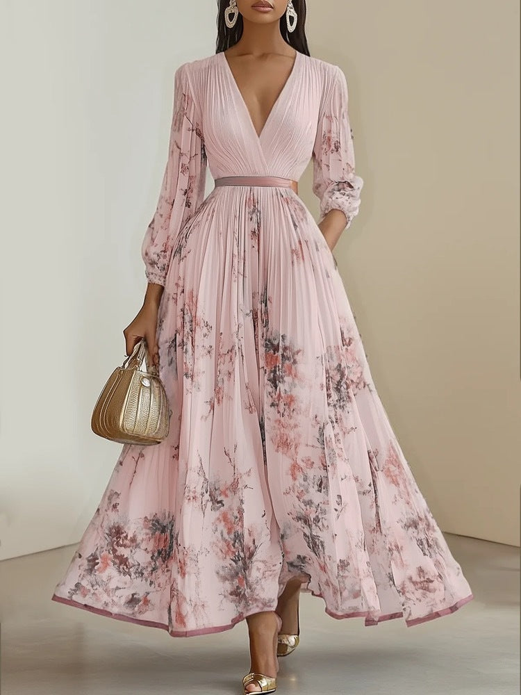 Women's Digital Printed Collar Long Sleeve Pleated Dresses
