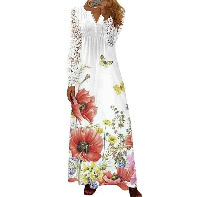 Women's Autumn Fashion Printed Lace Long-sleeved Clothing