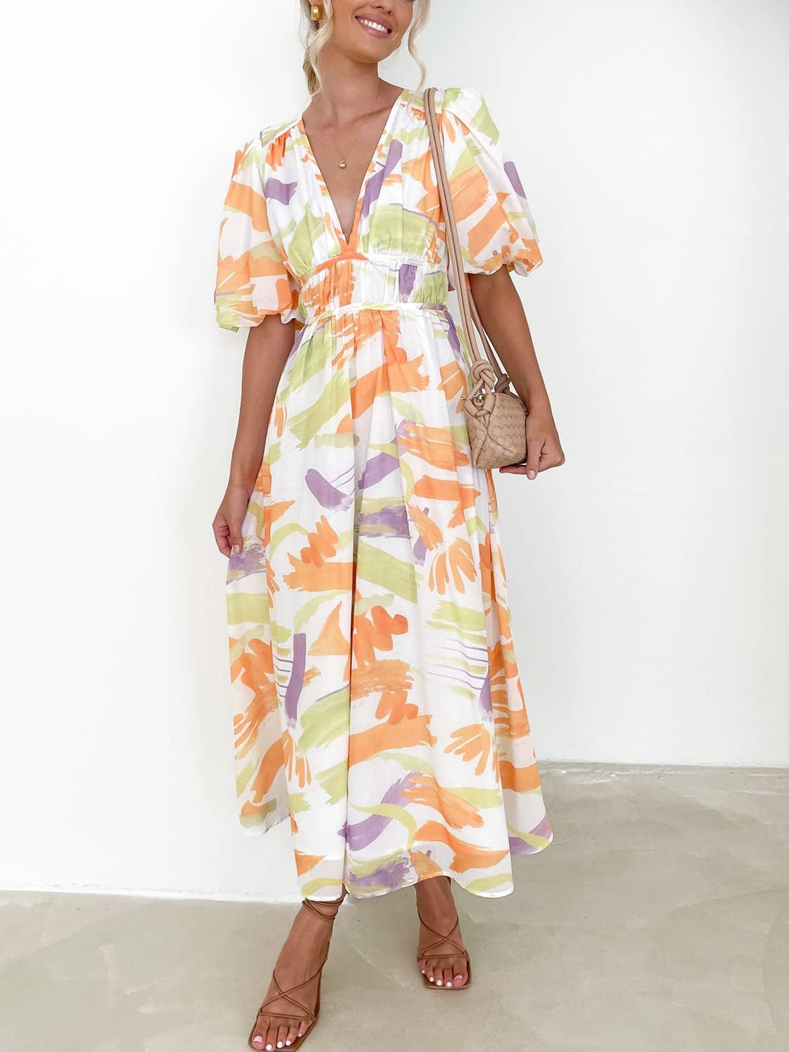 Women's Bohemian Floral Mid-length Dress Pleating Beach Dresses