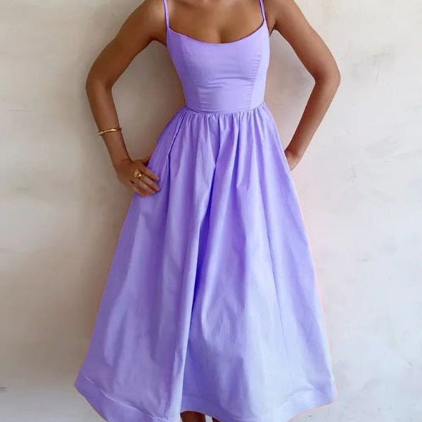 Women's Dopamine Solid Color Suspender Dress Waist Pleated Dresses