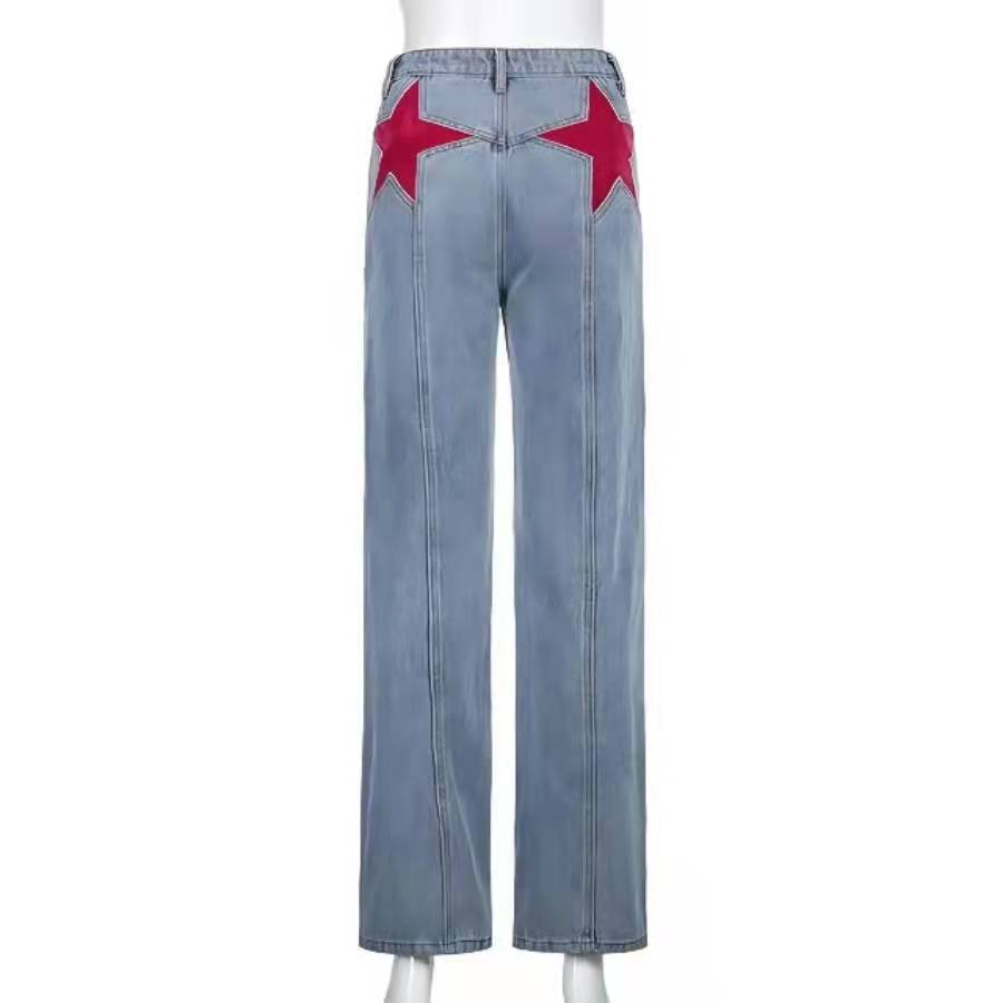 Spring Retro Back Contrast Color Trousers Jeans