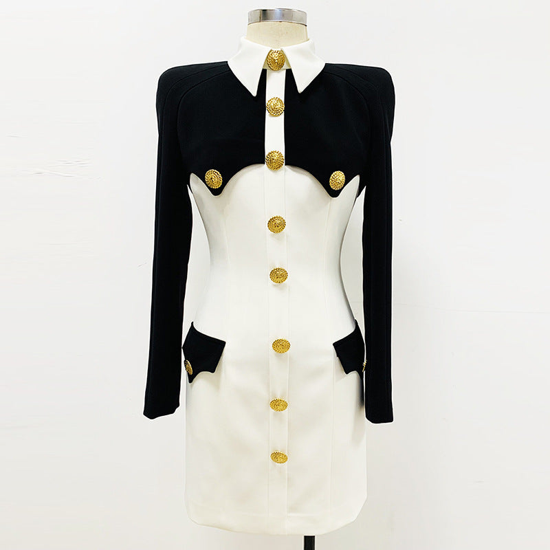 Black White Color Matching Contrast Shirt Collar Slim Dress