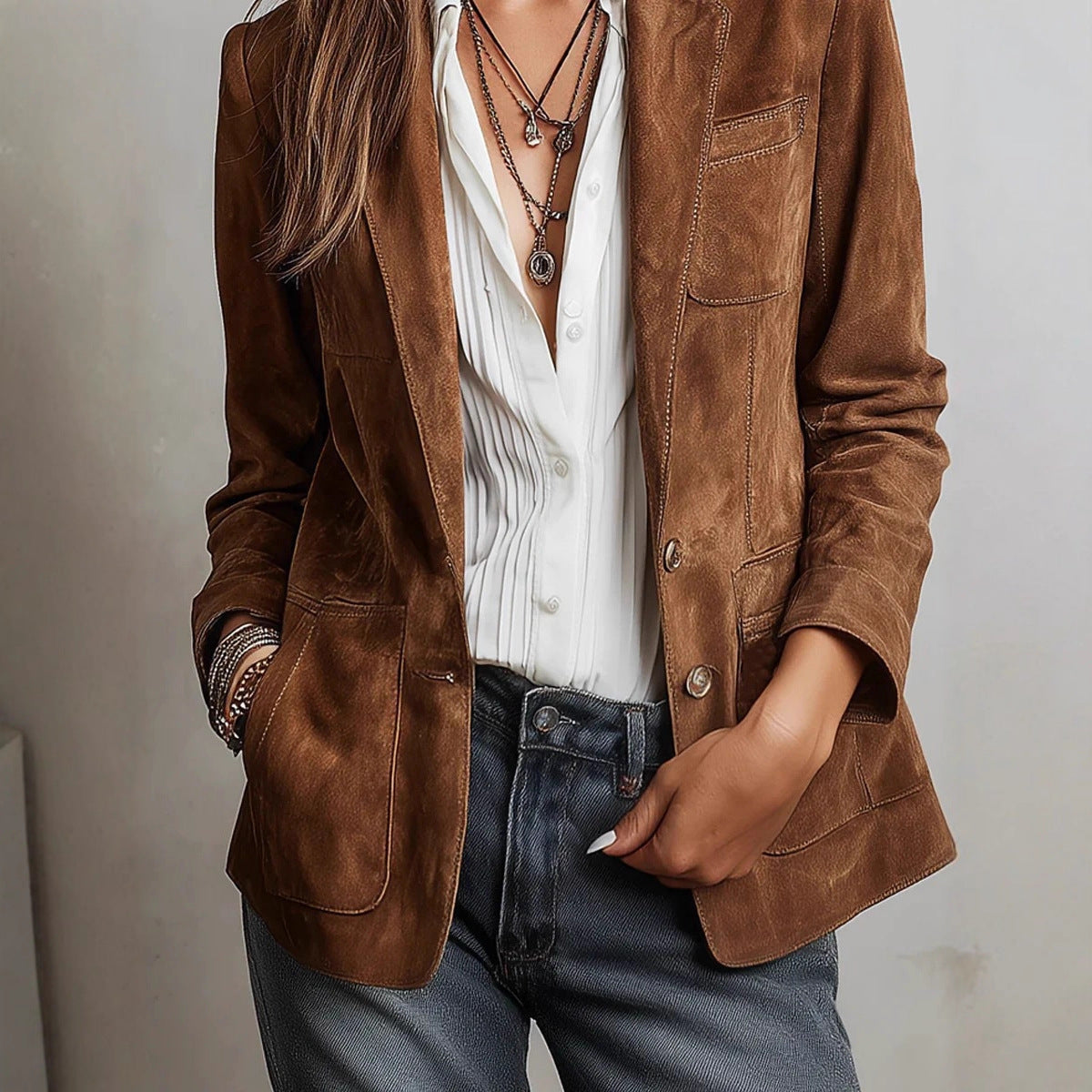 Women's Autumn Elegant Brown Suede With Pockets Coats