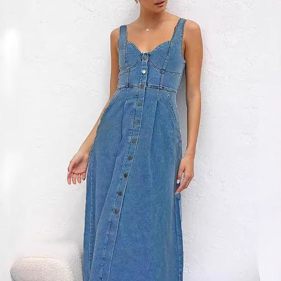 Women's Summer Blue Denim Distressed Strap Single Row Button Dress