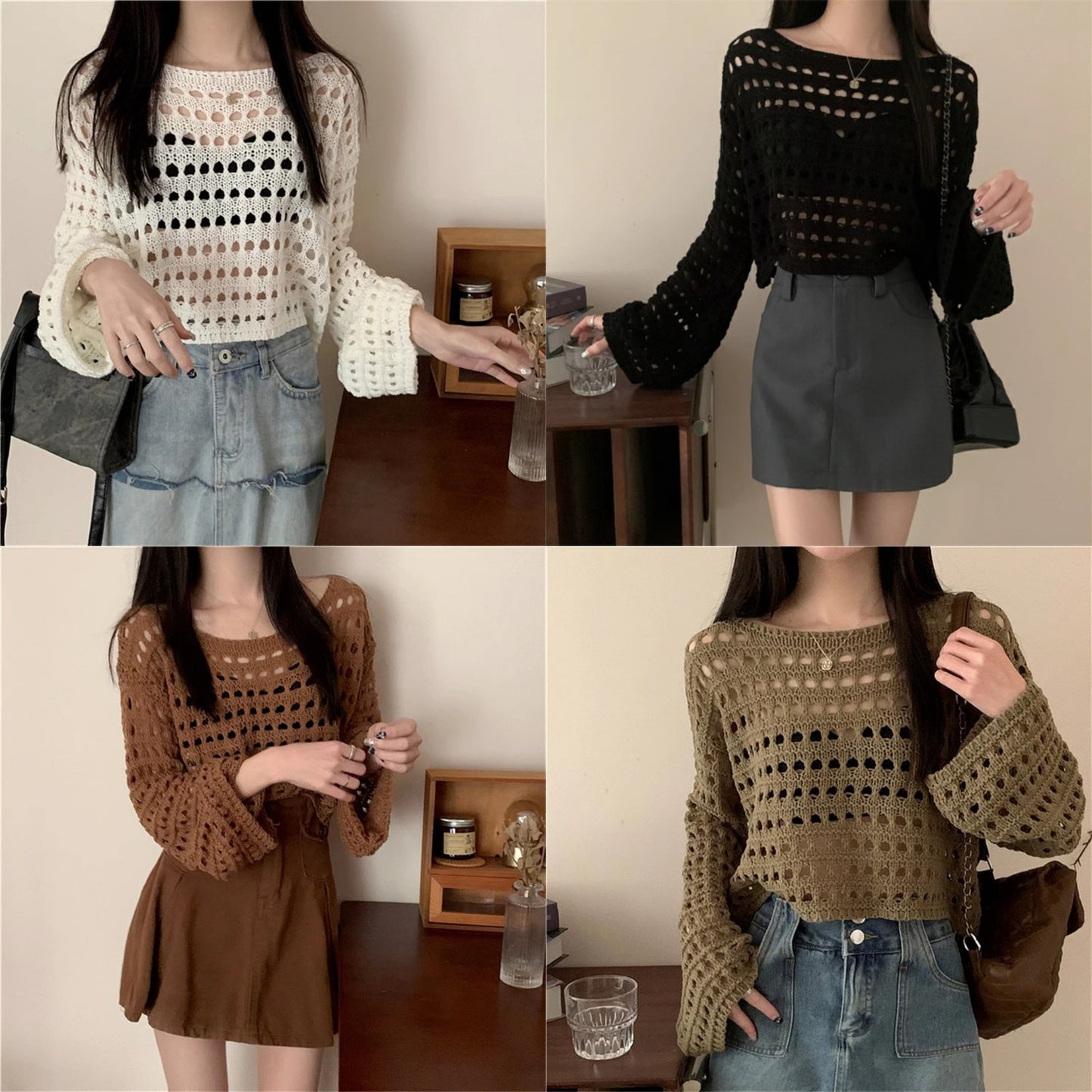 Women's Bell Sleeve Air Conditioning Shirt Hollow Thin Breathable Mesh Knitted Blouses