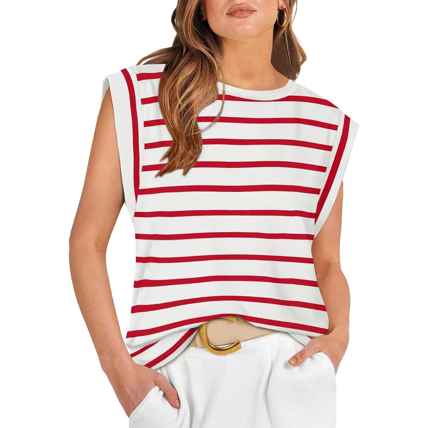 Women's Round Neck Loose Sleeves T-shirt Striped Blouses
