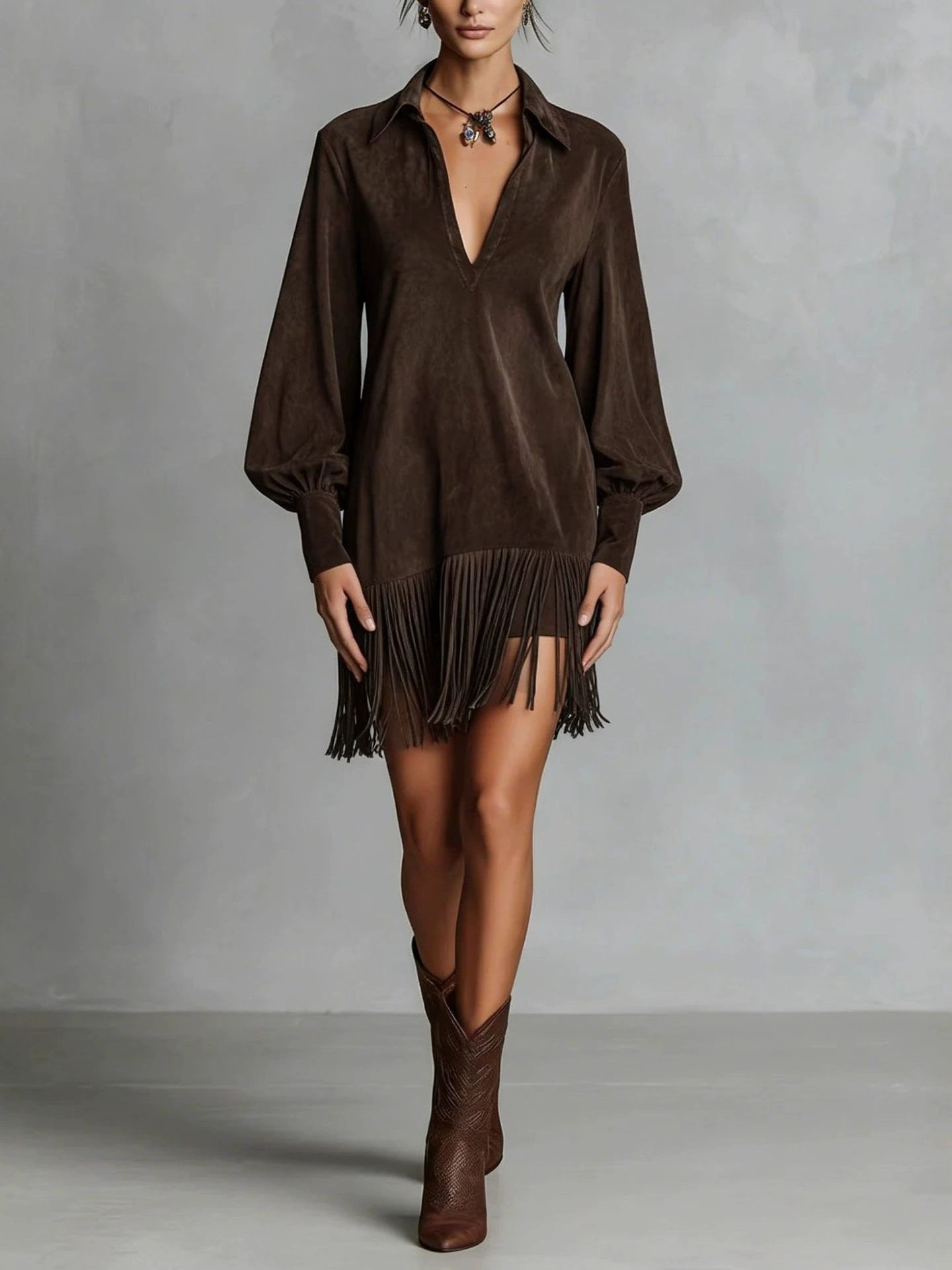 Women's Deerskin Solid Color Black Style Fringed Hem Long Dress