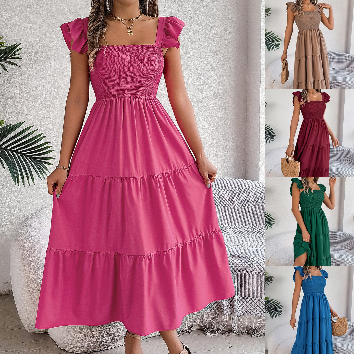 Women's Color Square Collar Wooden Ear Waist Dress