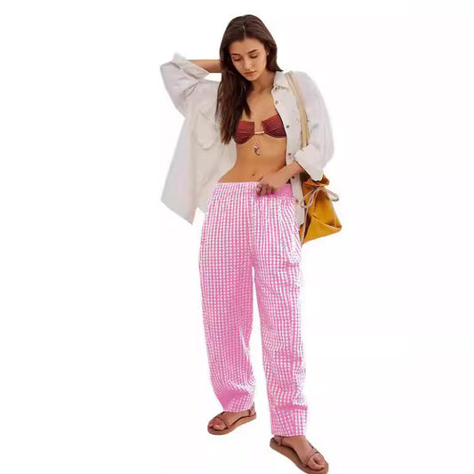 Women's Versatile Lattice Wide Leg Casual Trousers Pants