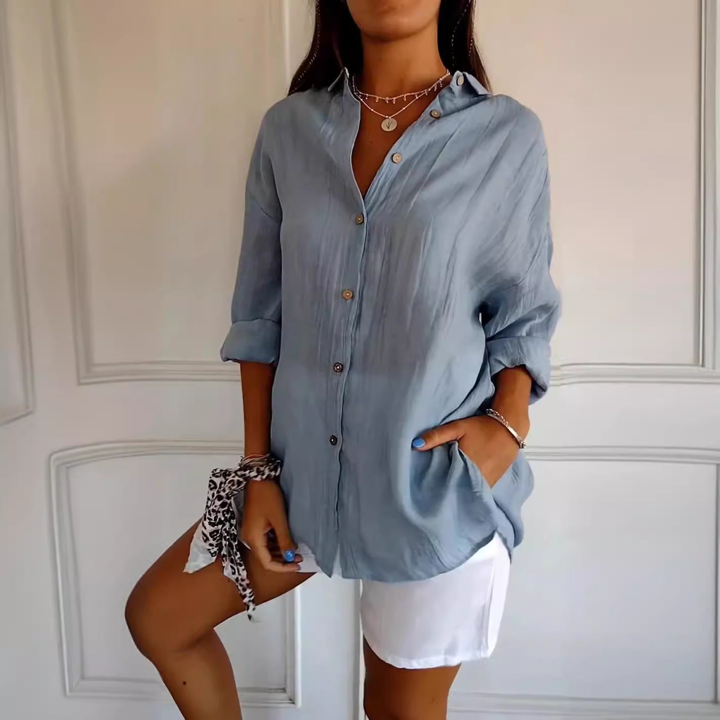 Women's Single-breasted Pleated Lapel Shirt Solid Color Blouses