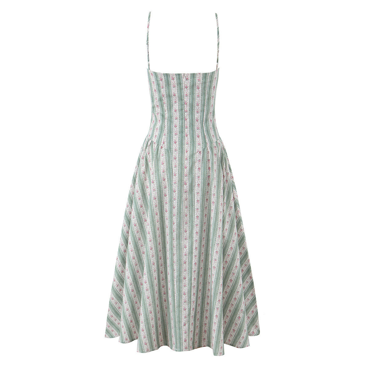 Women's Fashion Sweet French Green Striped Cotton Dresses