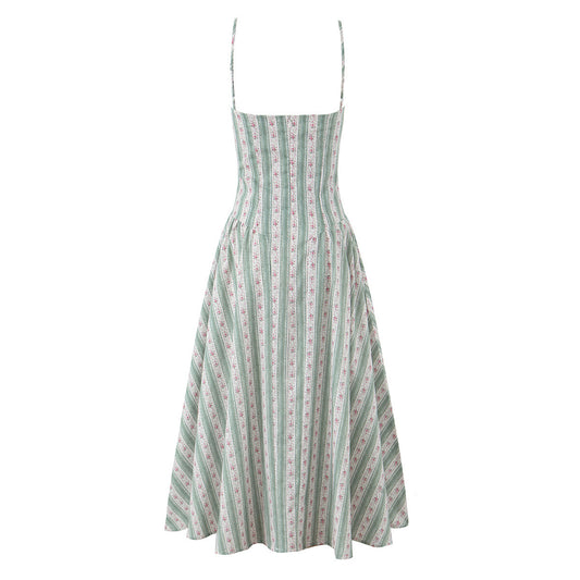 Women's Fashion Sweet French Green Striped Cotton Dresses