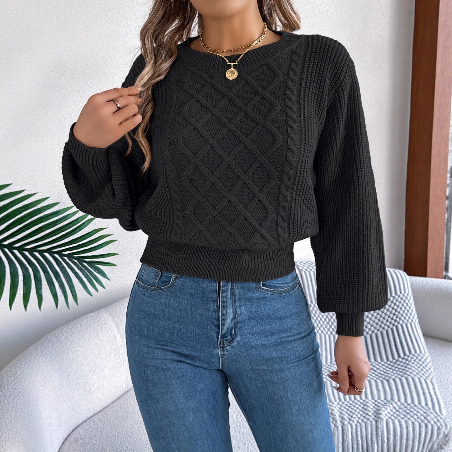 Women's Solid Color Twist Lantern Long Sleeve Sweater