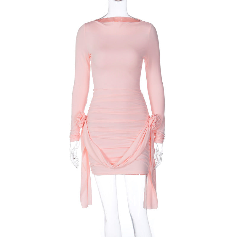 Solid Color Long Sleeve Round Neck Patchwork Dresses