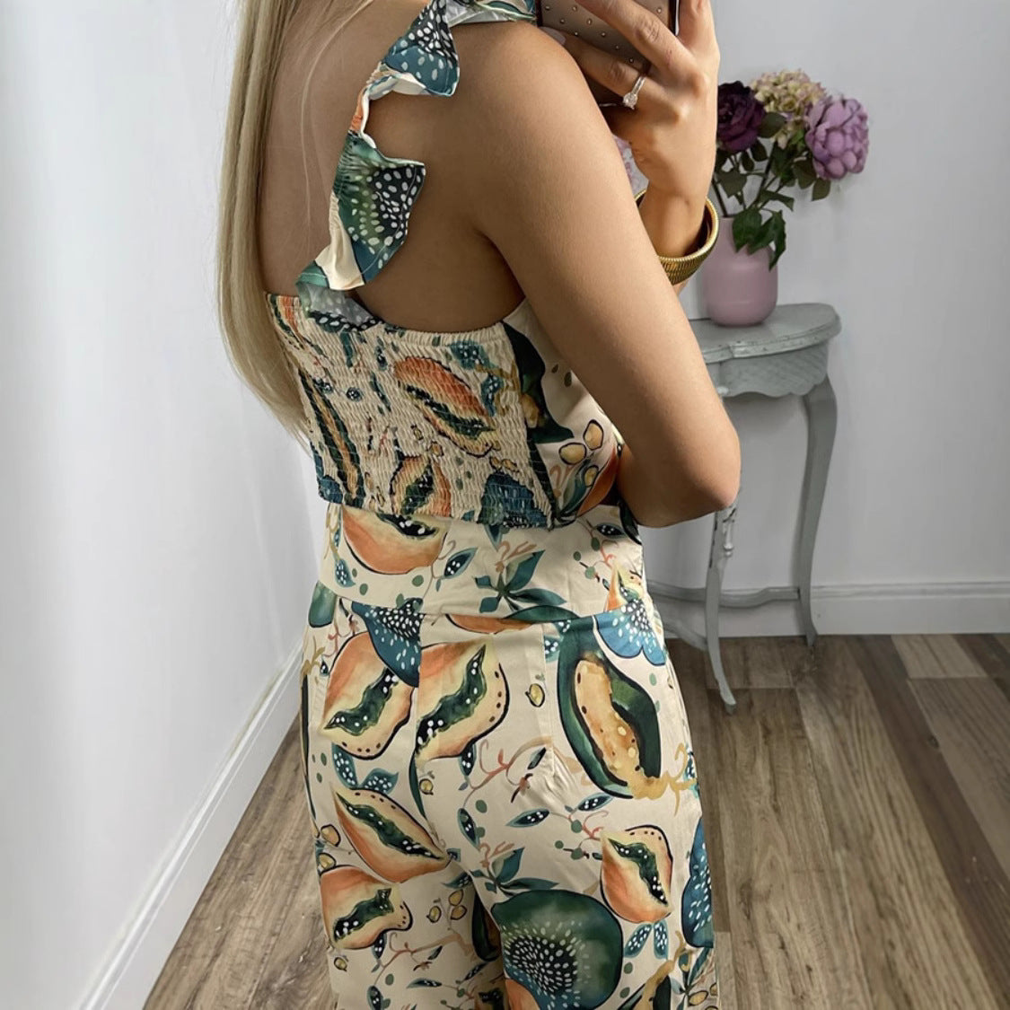 Women's Printed Fashion Casual Sling Trousers Two-piece Suits