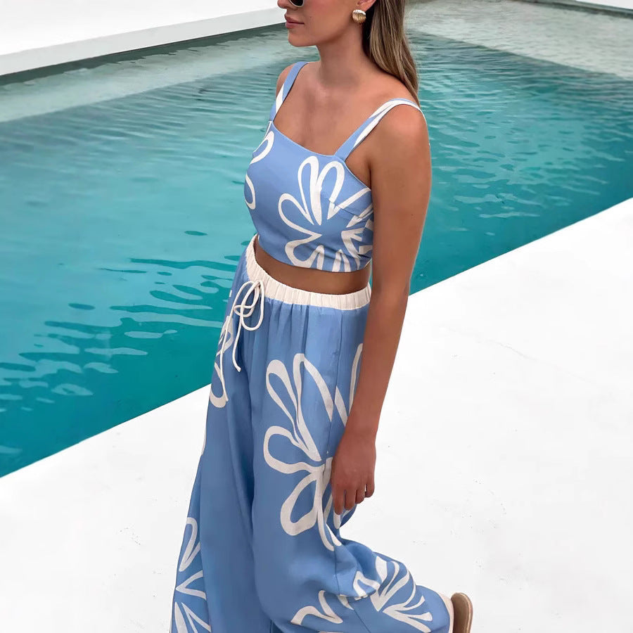 Women's Summer Fashion Flower Sling Wide Leg Suits