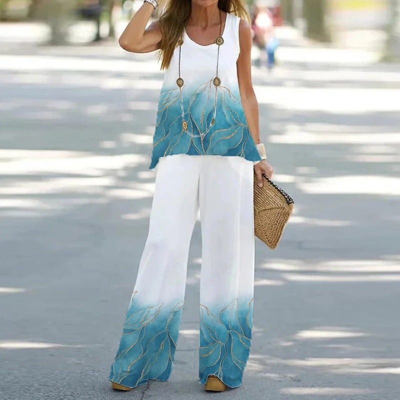 Women's Color Printed Casual Sleeveless T-shirt Trousers Suits