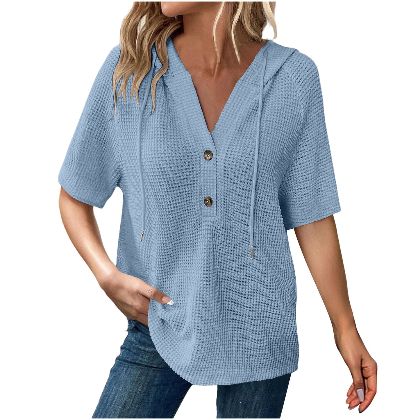 Women's Solid Color Waffle Hooded Button Loose Sleeve Shorts