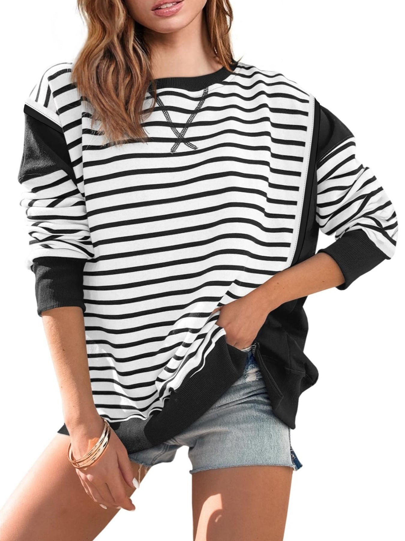 Women's Striped Contrast Color Long Sleeves T-shirt Blouses