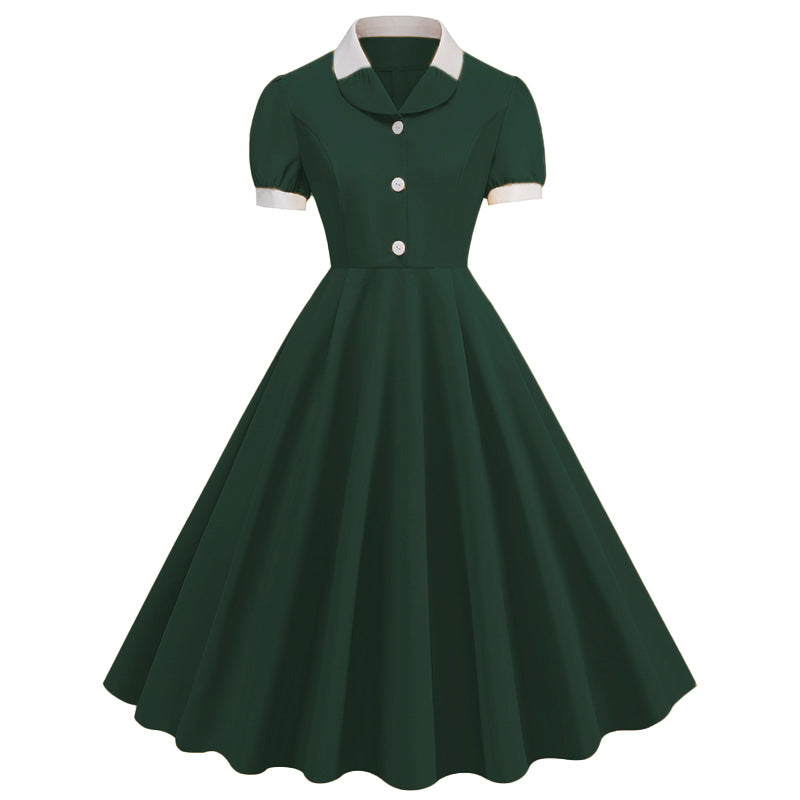 Patchwork Waist Trimming Short-sleeved Retro Hepburn Dresses