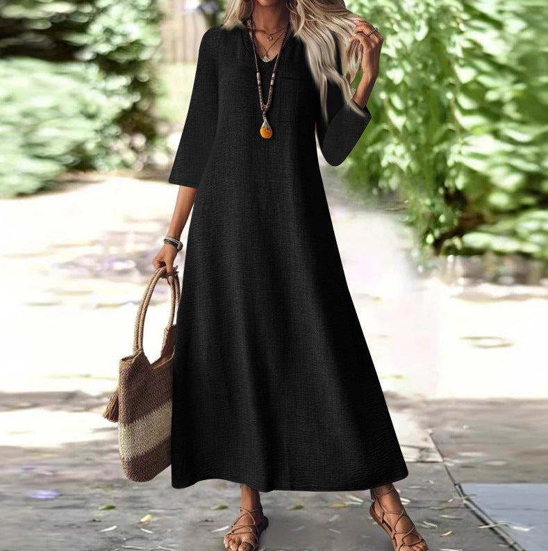 Zipper Sleeve Cotton Linen Solid Color Dress