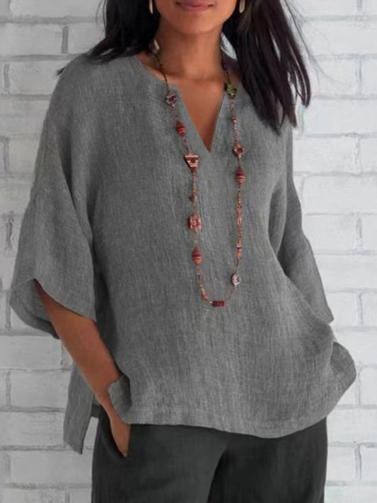Women's Fashion Summer Sleeves Cotton Linen Solid Blouses