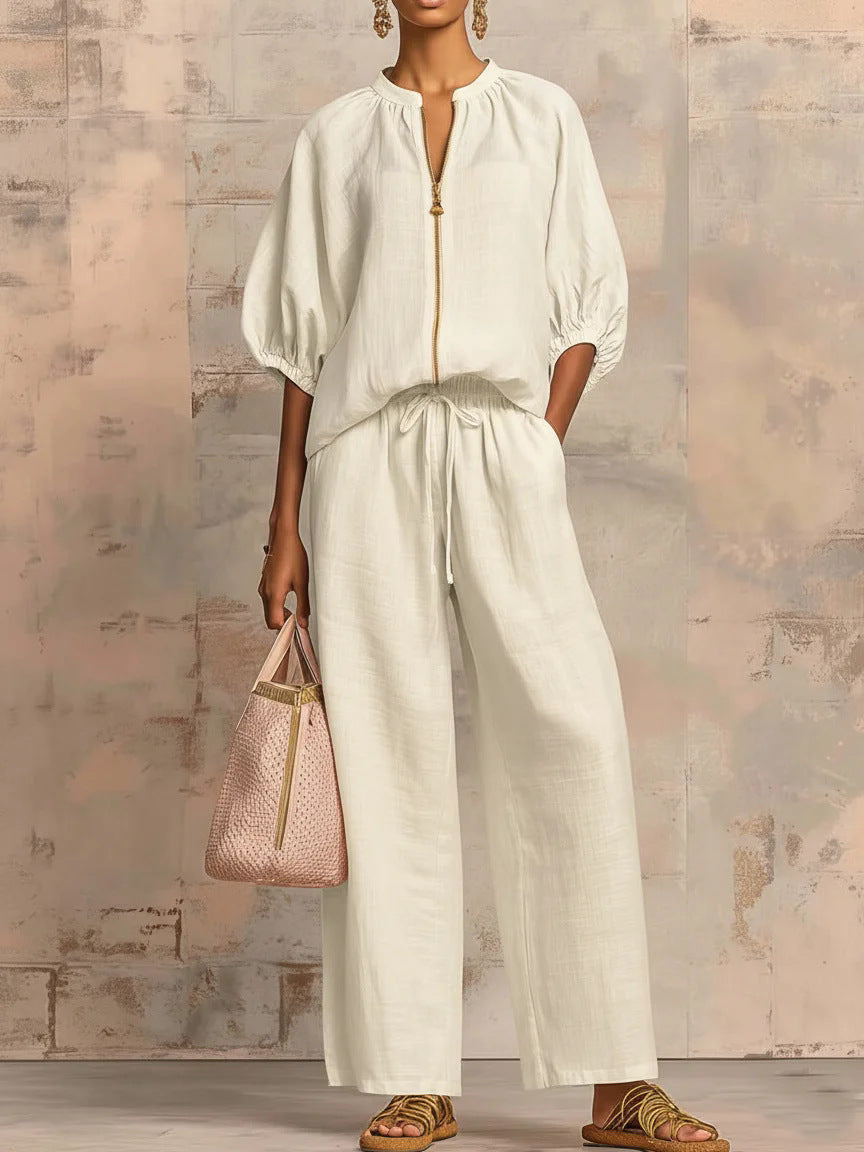 Loose Vacation Style Zipped Round Neck Wide Suits