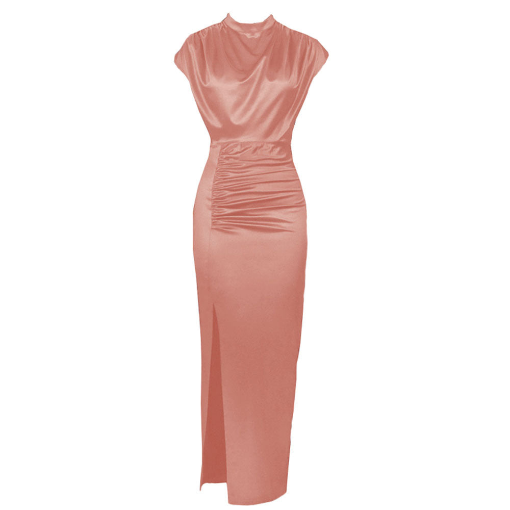 Turtleneck Satin Solid Color Slit Hemline Style Dress