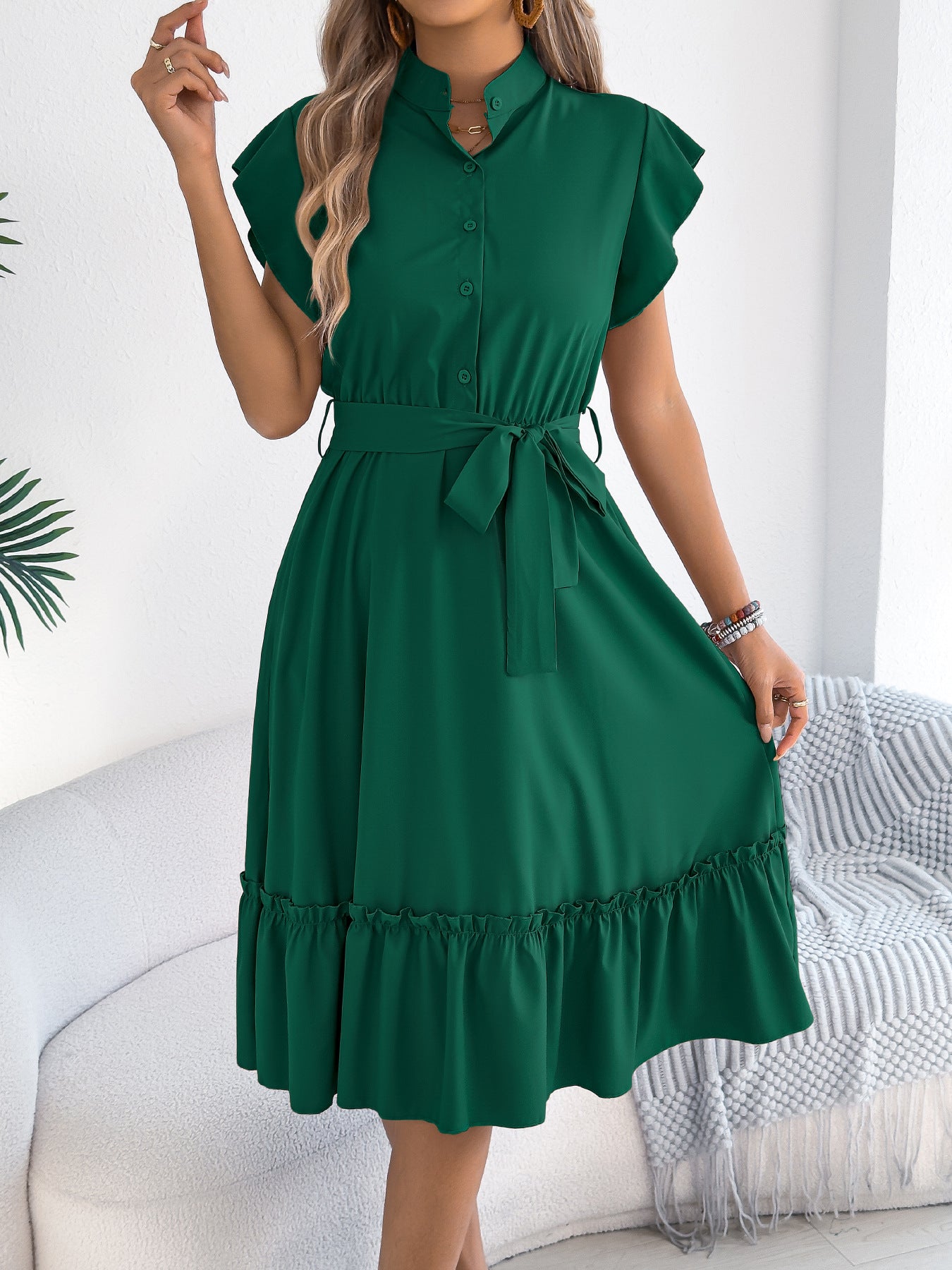Women's Casual Stand Collar Ruffled Tied Fitted Waist Clothing