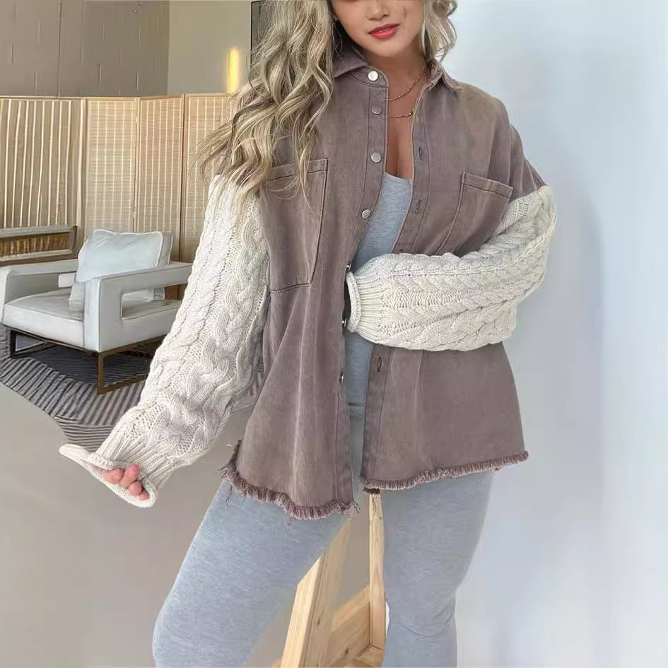 Women's Loose Stitching Sleeve Denim Woolen Jackets