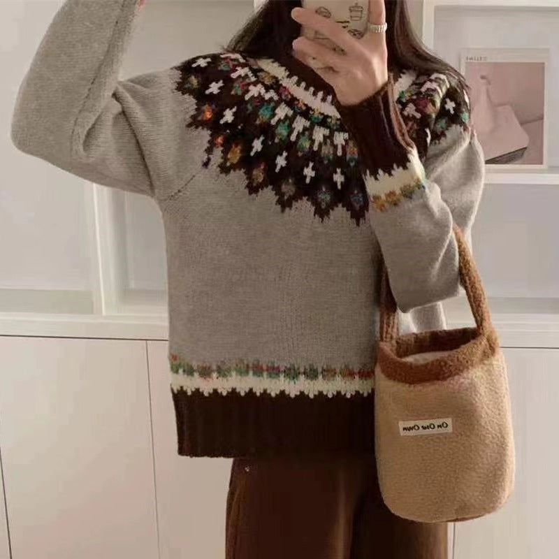 Women's Idle Style Contrast Color Jacquard Long Sleeve Loose Soft Sweaters