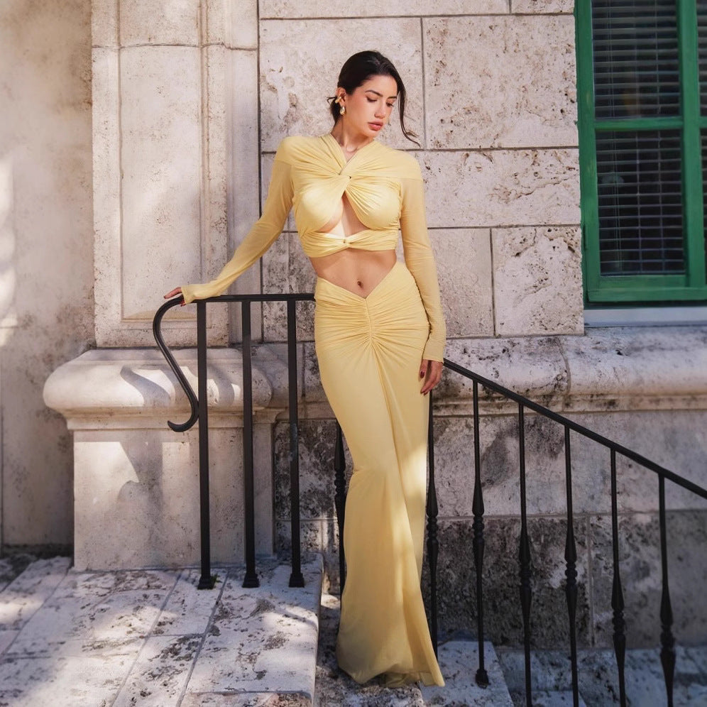Women's Spring Elegant Sexy Long-sleeved Twisted Navel Suits