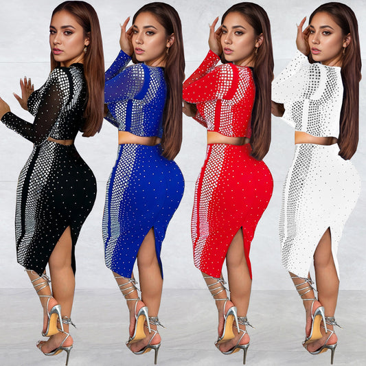 Women's Wear Rhinestone Long Sleeve Two-piece Slim Suits