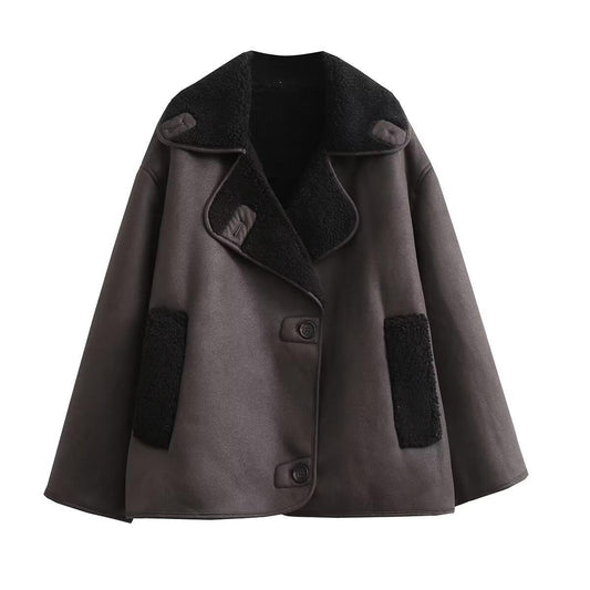 Women's Retro Style Woolen Lapel Loose Fur Tops