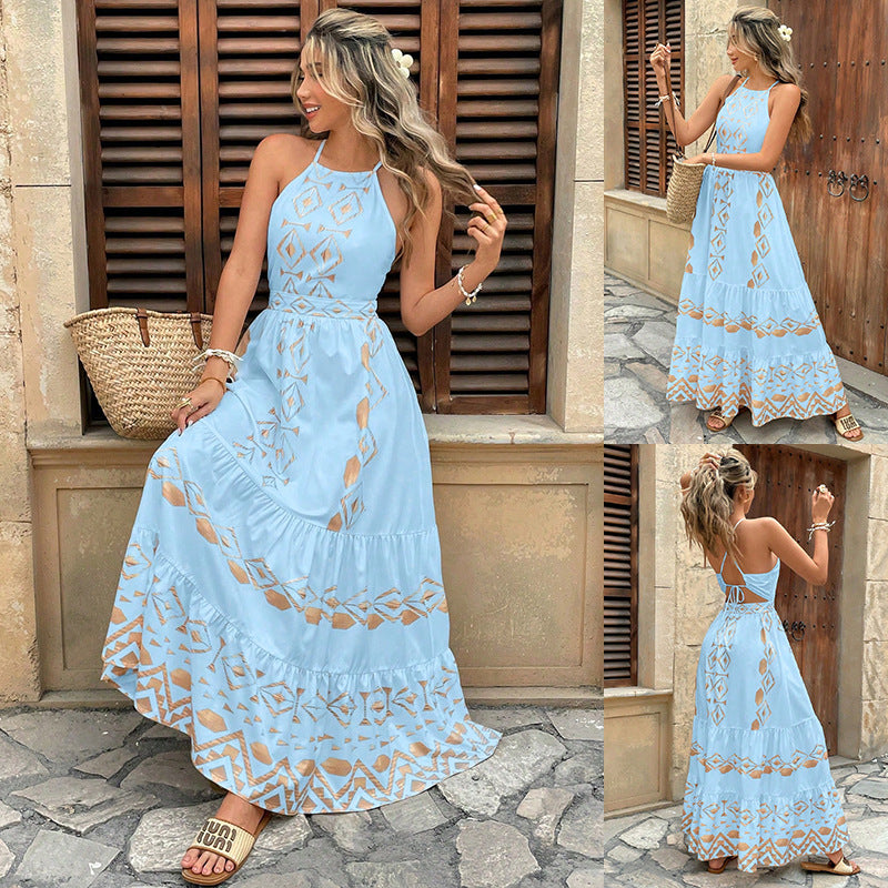 Embroidered Printed Sexy Suspender Elegant Seaside Dress