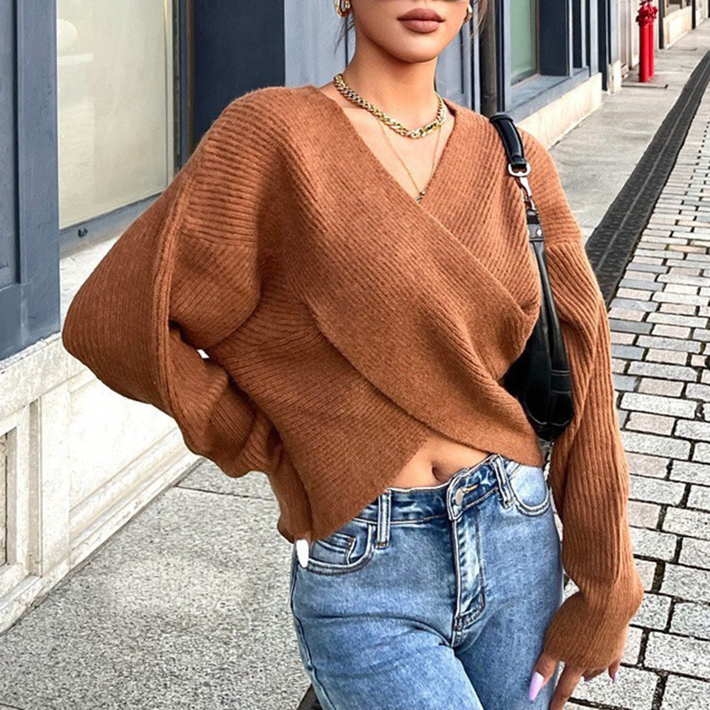 Solid Color Sexy Cross Cropped Long-sleeved Knitted Sweater