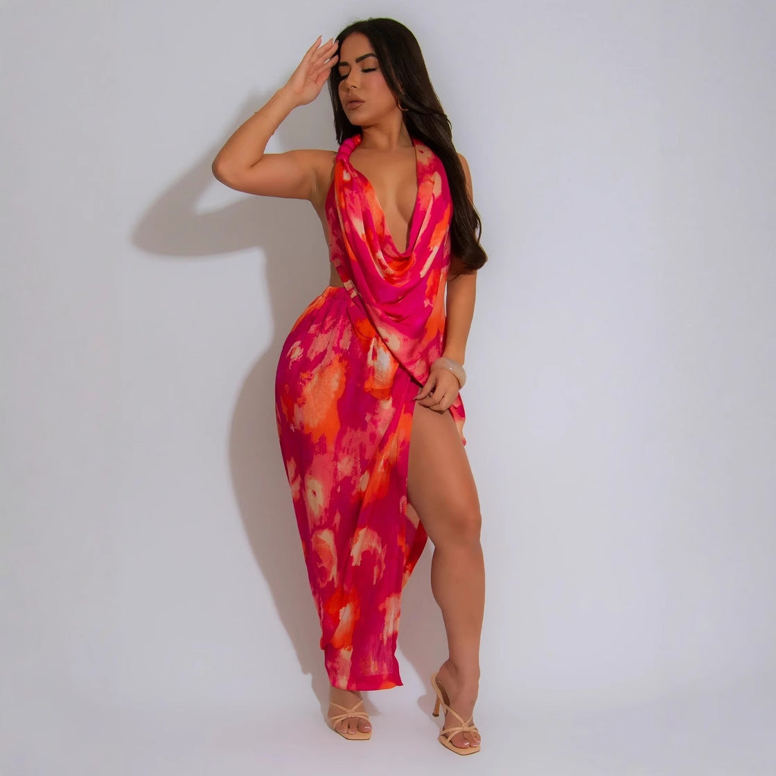 Beaded Halter Sexy High Split Printed Silk Dresses