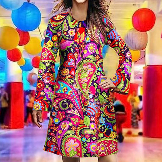 Women's Halloween Vintage Hippie Printed Ladies Dress