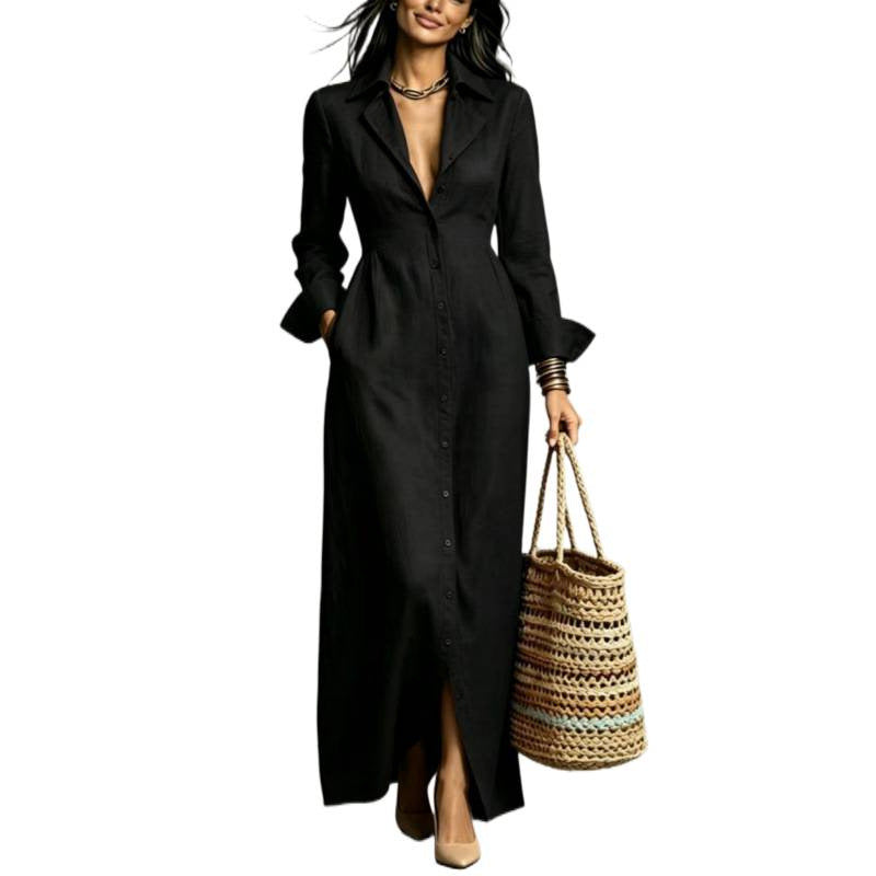 Casual Pocket Solid Color Breasted Lapel Dress