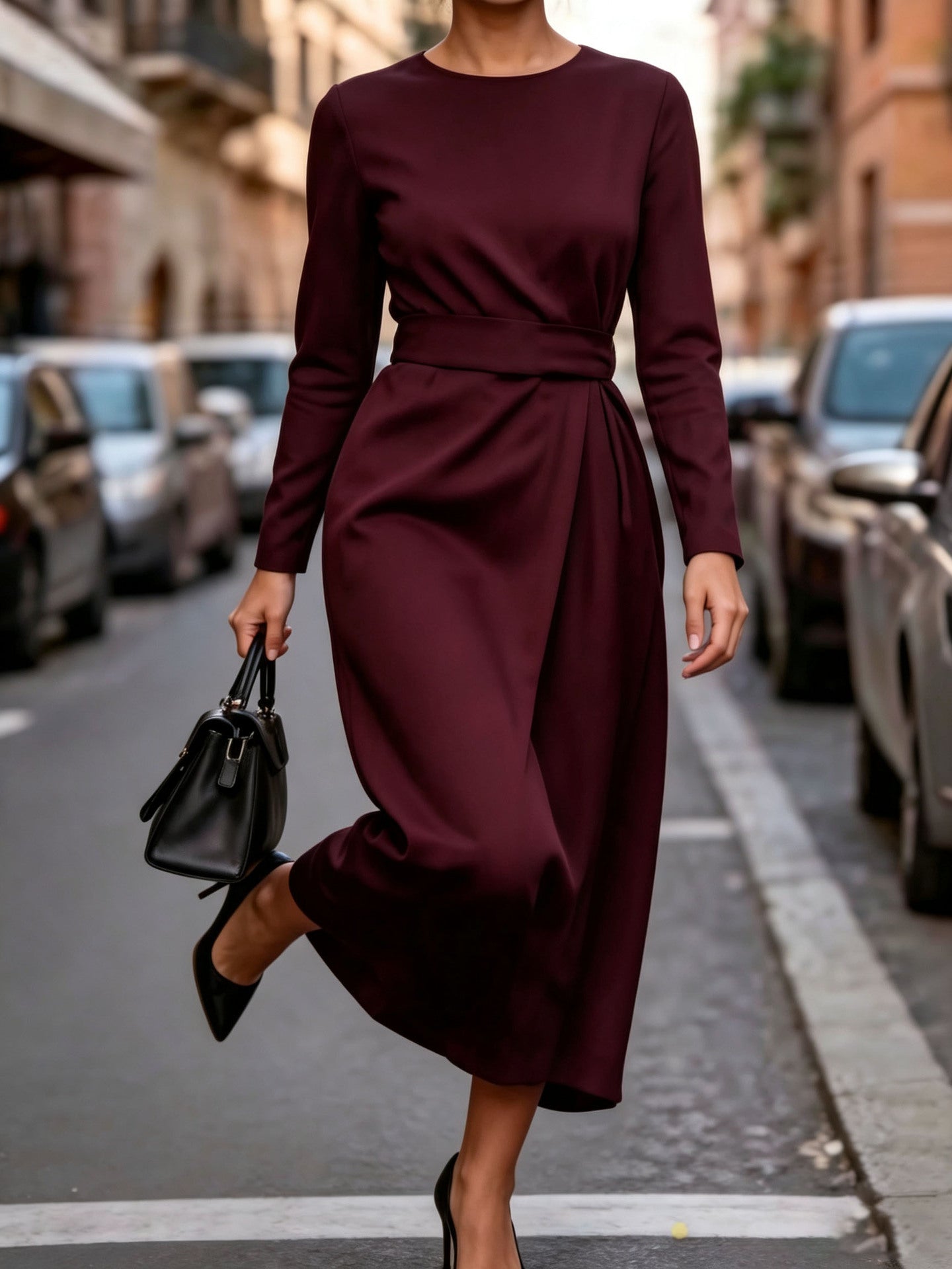 Women's Fashion Temperament Elegant Solid Color Long Sleeve Waist Dress
